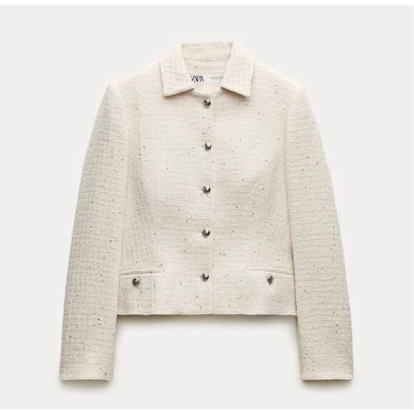 Zara Women's Cream Textured Cotton Fitted Jacket w/Silver Sequin Appliqués - Picture 1 of 7
